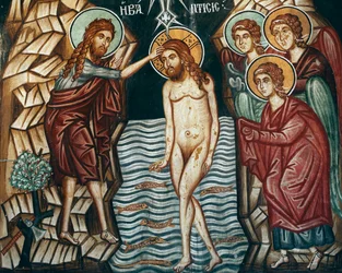 Bizantyjski fresk z XV wieku Malarstwo ścienne Chrystusa Chrzciciela Kościół Michała Archanioła w Pedoulas Cypr Malowane kościoły UNESCO Troodos, Cypr
